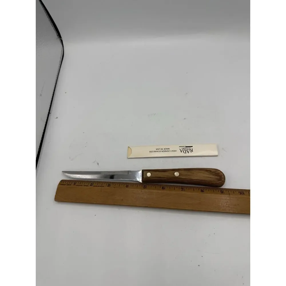 Vintage High Carbon Stainless Paring Knife w/ Wooden Handle USA Made Rada Sleeve
